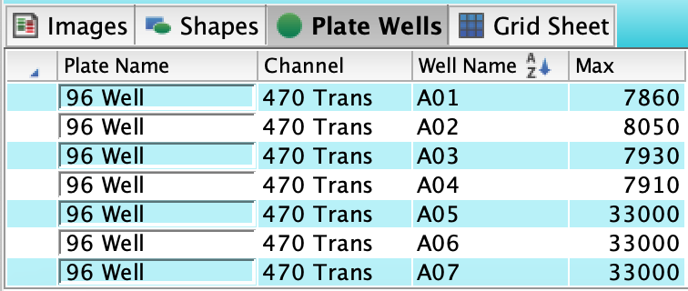 Plate Wells table including Well Name and Max value columns