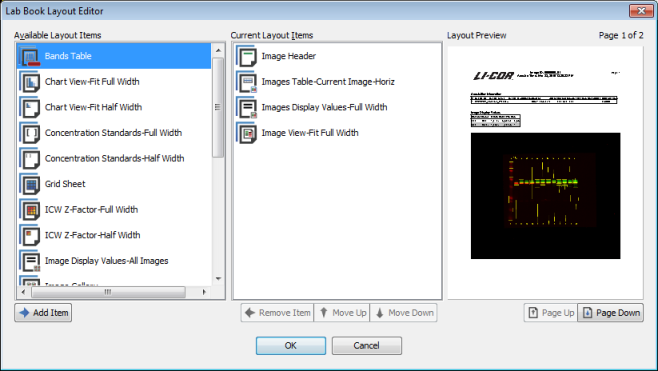 Lab Book Layout Editor dialog